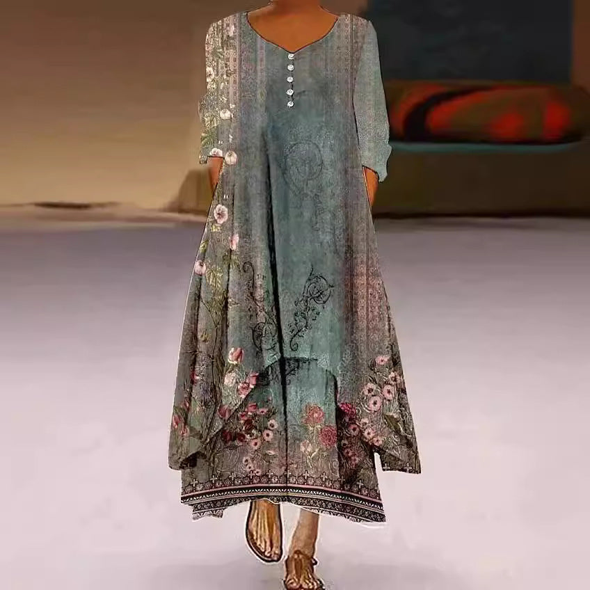 Women's Popular Printed Long-sleeved Hem Irregular Long Dress