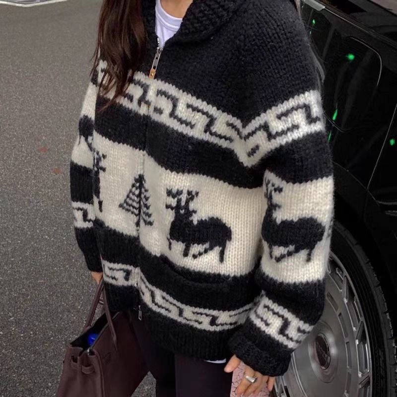 Women's Christmas Temperament Lapel Double Open Zipper Pattern Jacquard Sweater