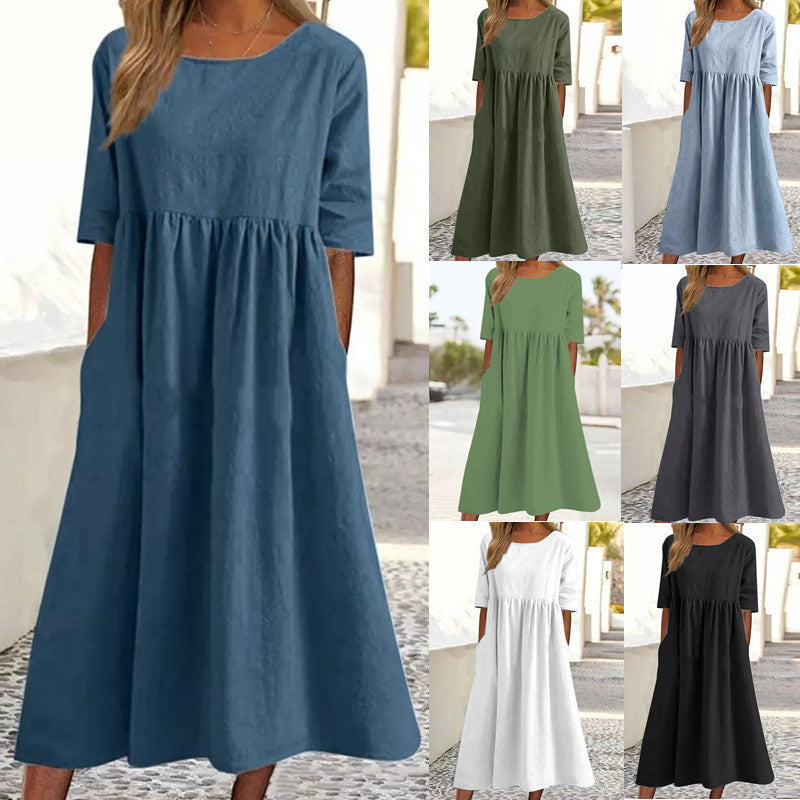Casual Sleeve Pocket Pleated Loose Round Dress