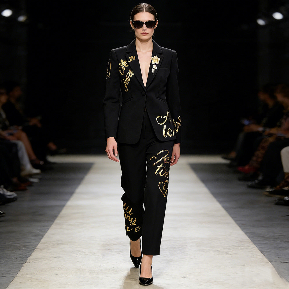 Early Spring English Alphabet Embroidery Sequined Trousers Two-piece Fashion Casual Suit