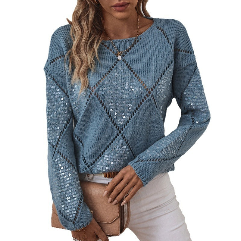 Women's Fashion Sequined Rhombus Pullover Loose Sweater