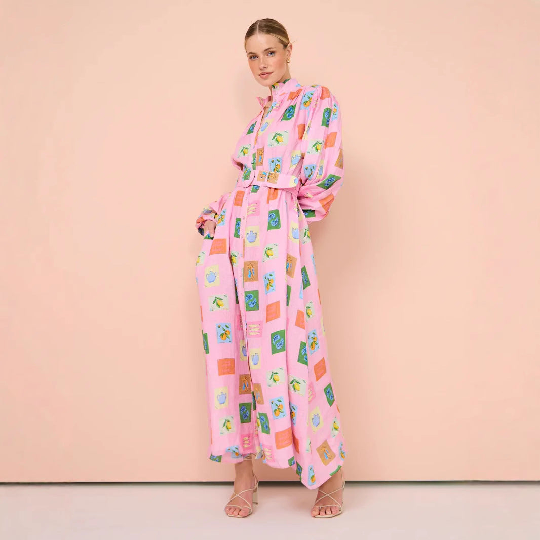 Long Casual Lantern Sleeve Fashion Printing Dresses