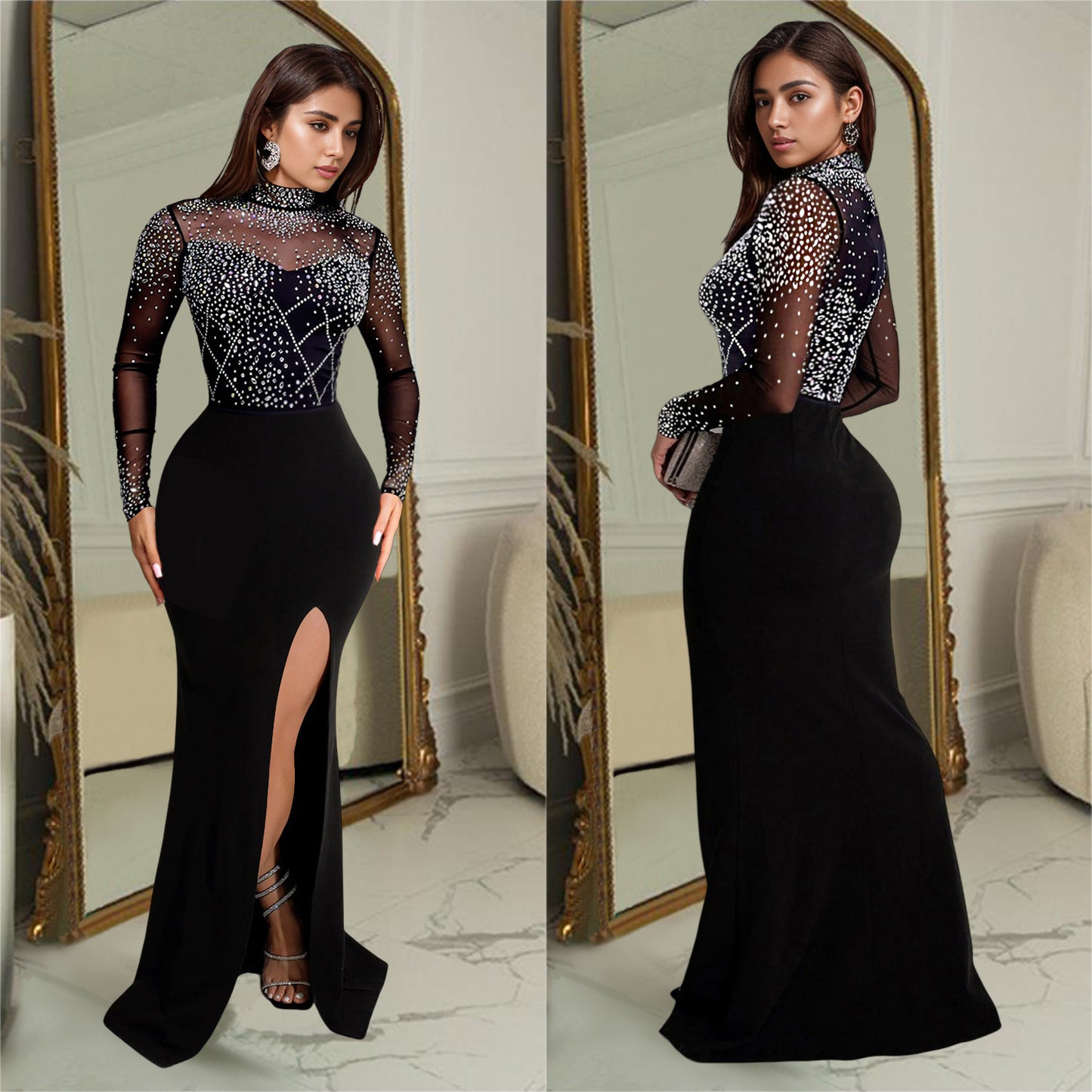 Women's Fashion Wear Rhinestone Split Long Dress Dresses