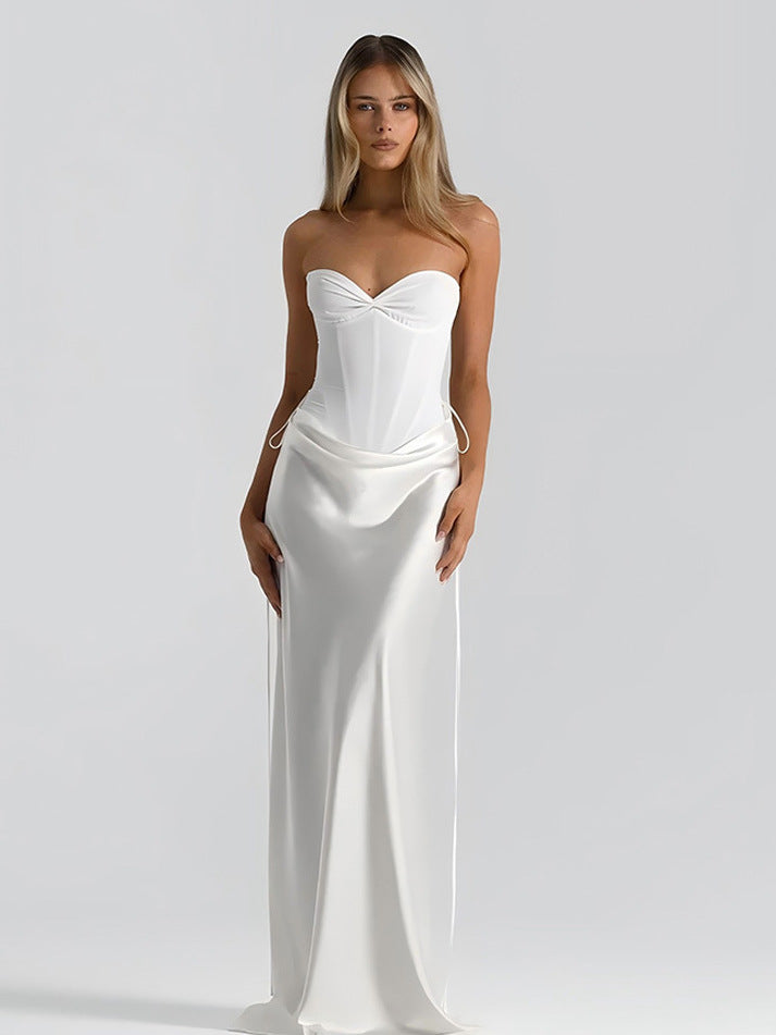 Women's Solid Color Fishbone Waist Slim Drape Ribbon Dress