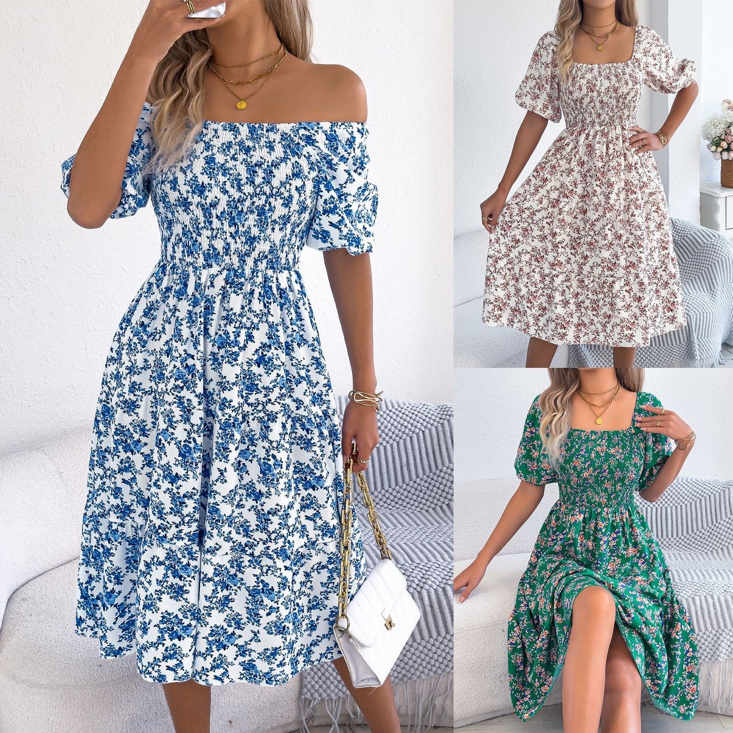 Women's Sweet Floral Sleeve Smocking Slim Fit Dress