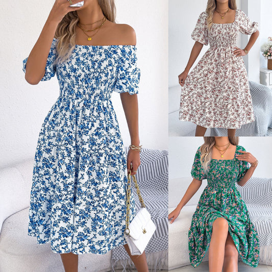 Women's Sweet Floral Sleeve Smocking Slim Fit Dress