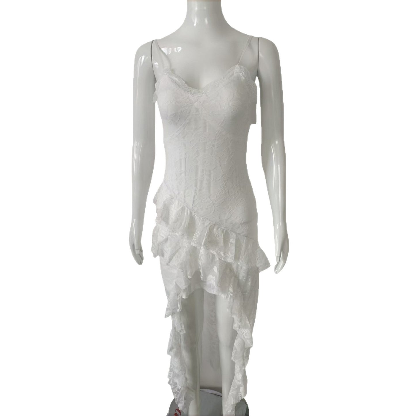 Women's Style Irregular Slit Hemline At Hem Romantic Atmosphere Lace Suspender Dress