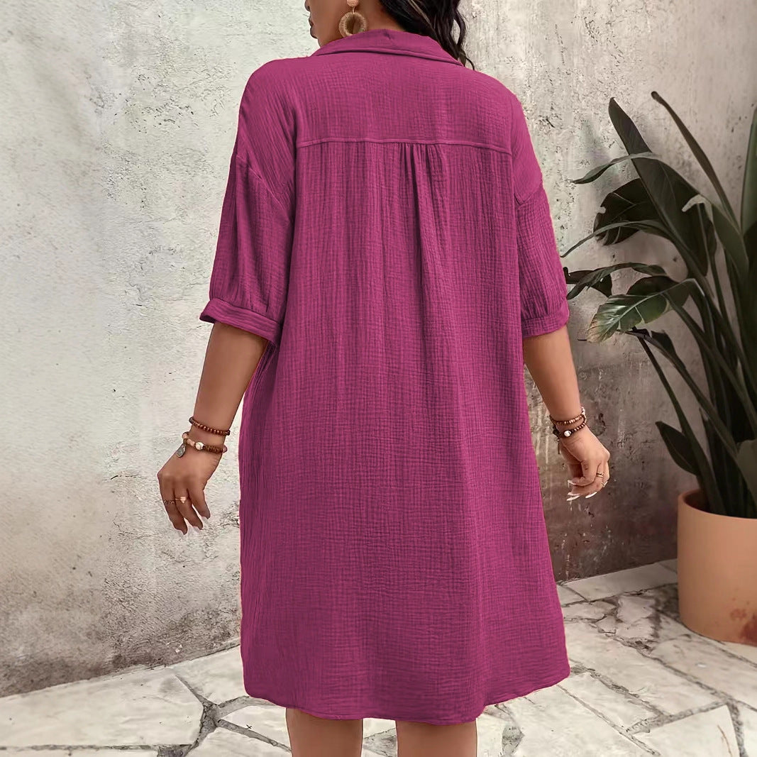 Cotton Linen Lapel With Buttons Solid Dress