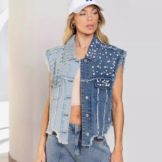 Women's Creative Denim Splicing Beads Loose Vests