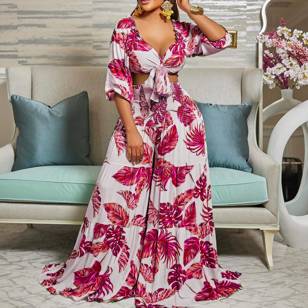 Printed Tied Wide Leg Two-piece Set Fashion Casual Suit