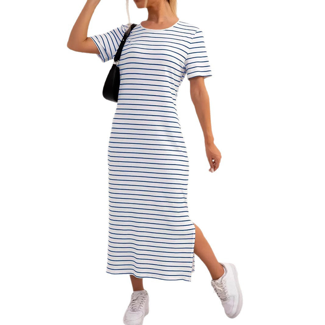 Women's Black White Striped Round Neck Sleeve Floral Print Slit Dress