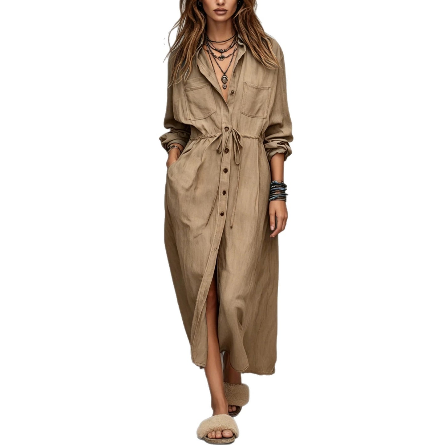 Casual Drawstring Fitted Waist Shirt Loose Dress