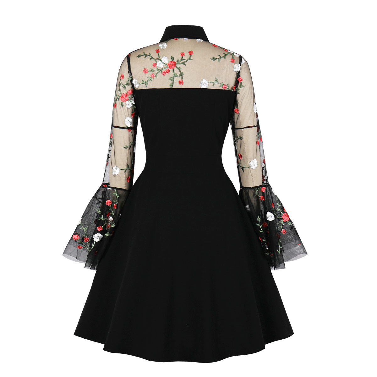 Women's Mesh Embroidered Bell Sleeve Patchwork Retro Dresses
