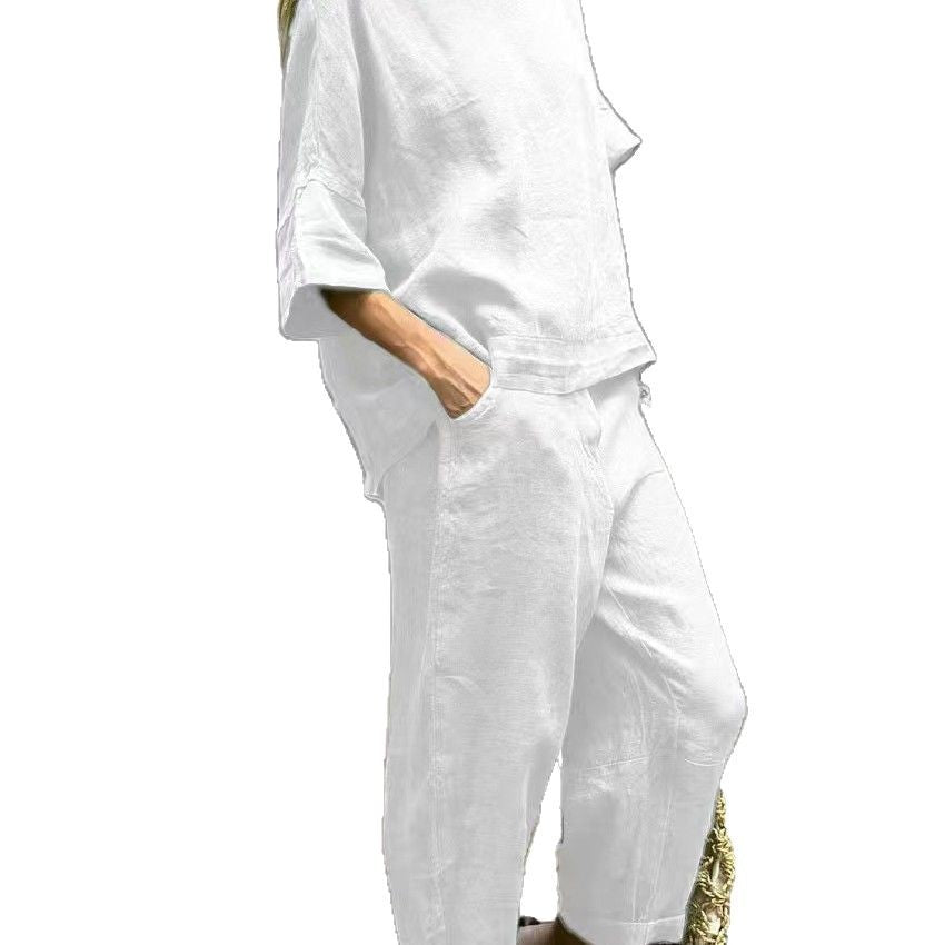 Women's Summer Set Cotton Linen Shirt Outfit High Waist Plus Size