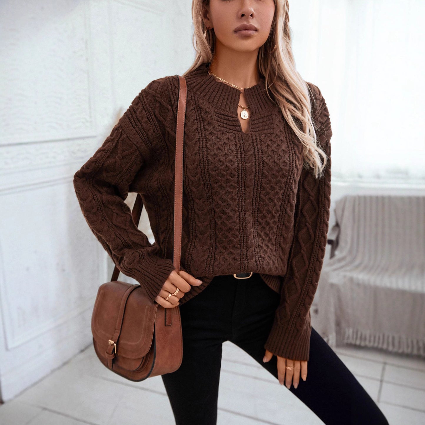 Women's Solid Color Twisted Pullover Collar Retro Loose Long Sweater