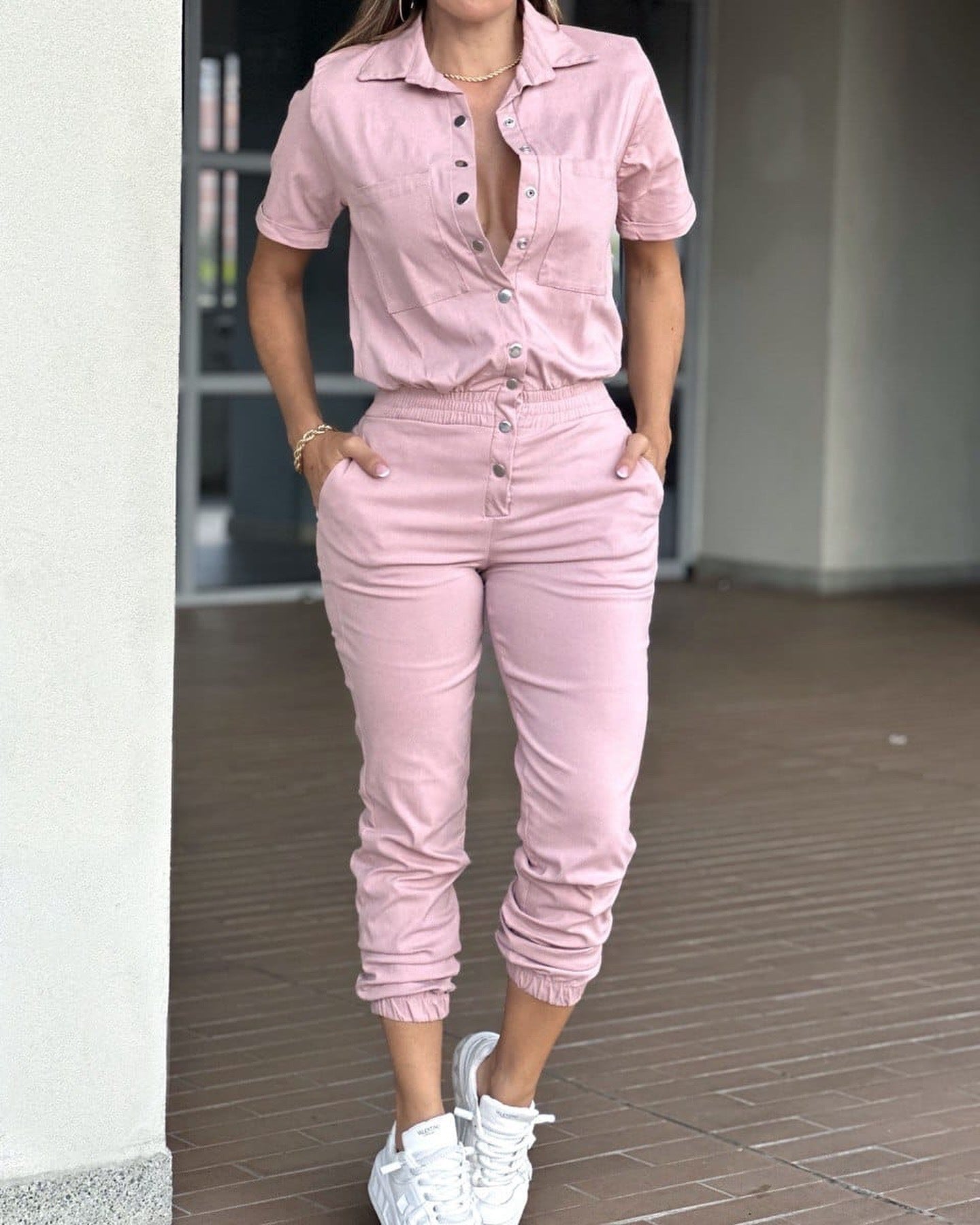 Women's Casual Fashion Lapel Pocket Waist Elastic Jumpsuits