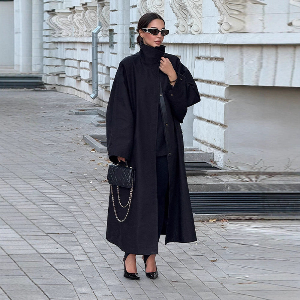 Women's Temperament Commute Black Stand-up Collar Long Coats