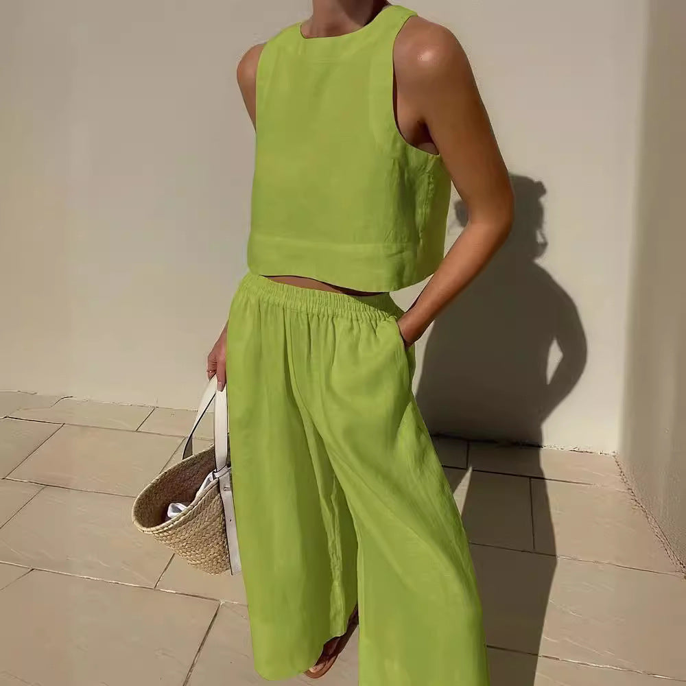 Loose Solid Color Sleeveless Shirt Trousers Fashion Casual Suit