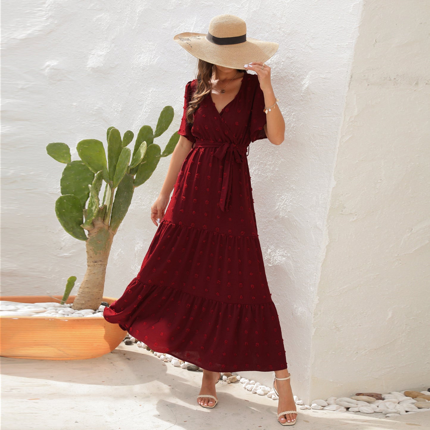 Women's High Waist Fur Ball Long Sleeve Beach Dress