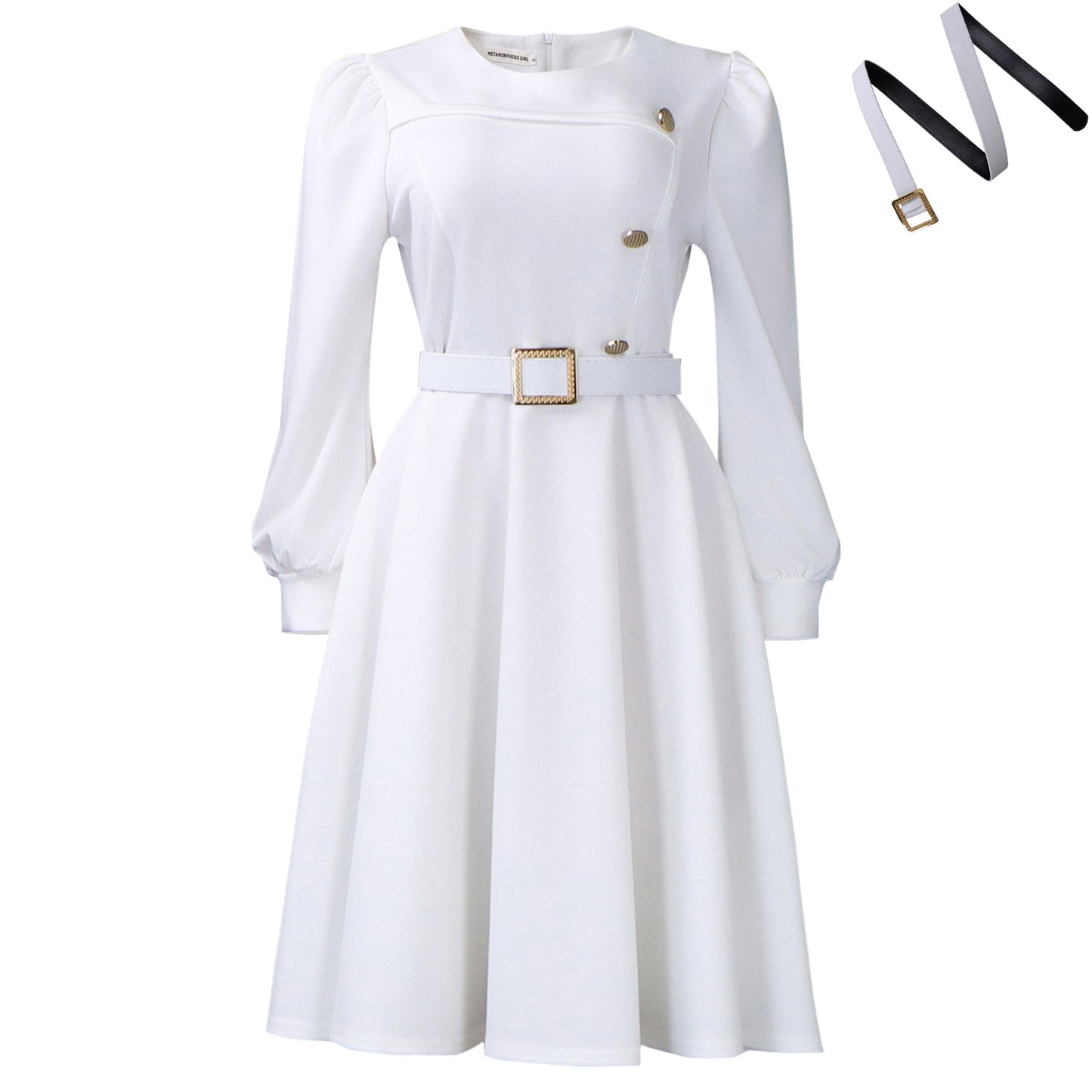 Neck Long Sleeve High Waist A- Line Elegant Party Solid Dress