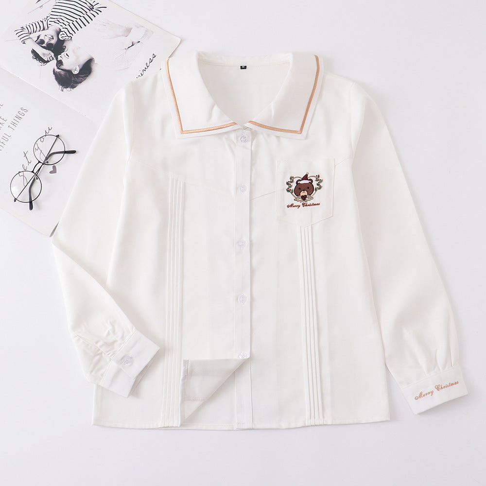 Women's Christmas Bear Embroidered Red College Style Women's Sweater