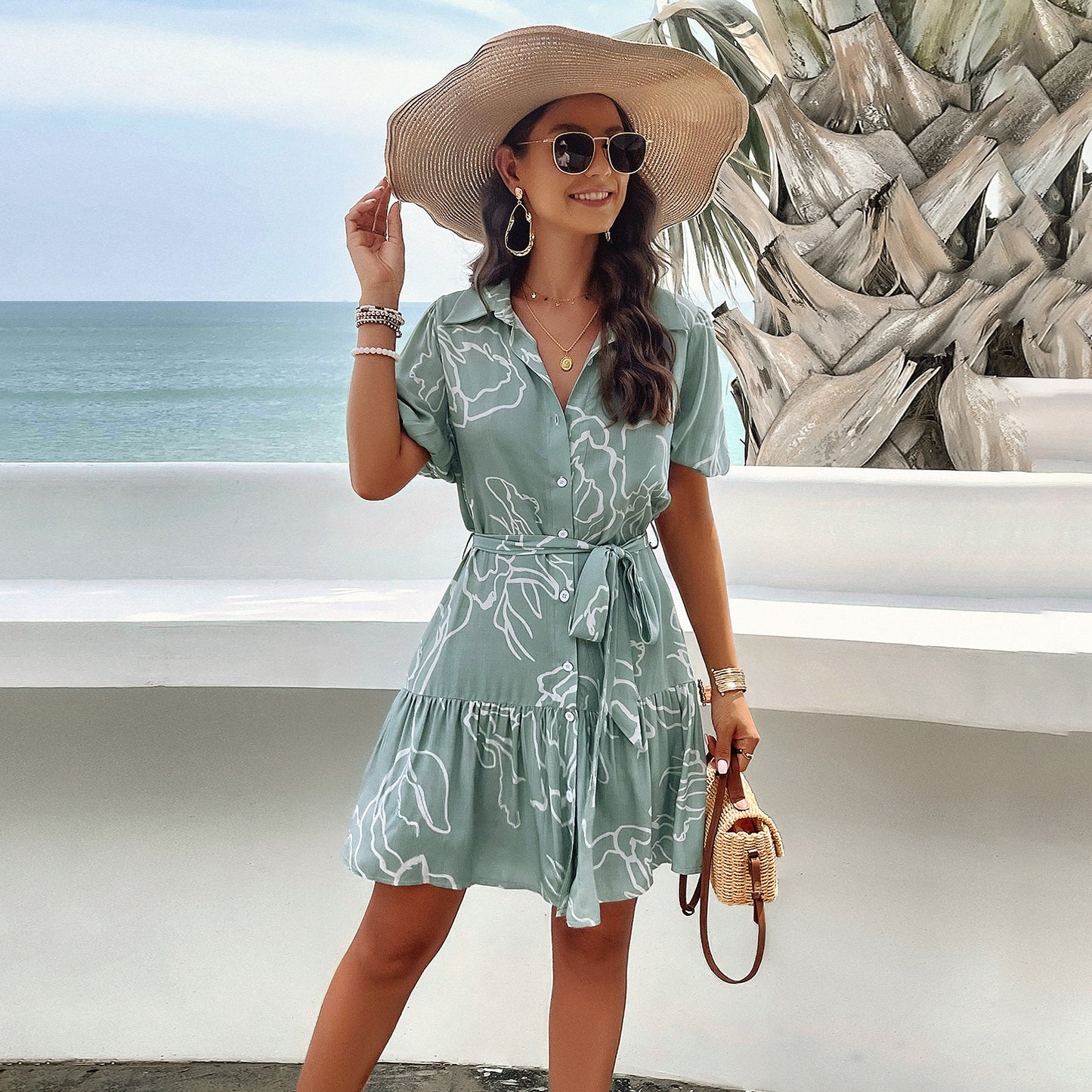 Glamorous Classic Elegant Geometric Printed Sleeve Dress