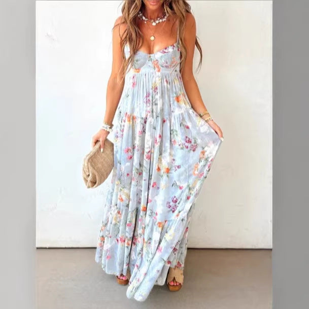 Women's Summer Printed Sleeveless Backless Elegant Slip Dress