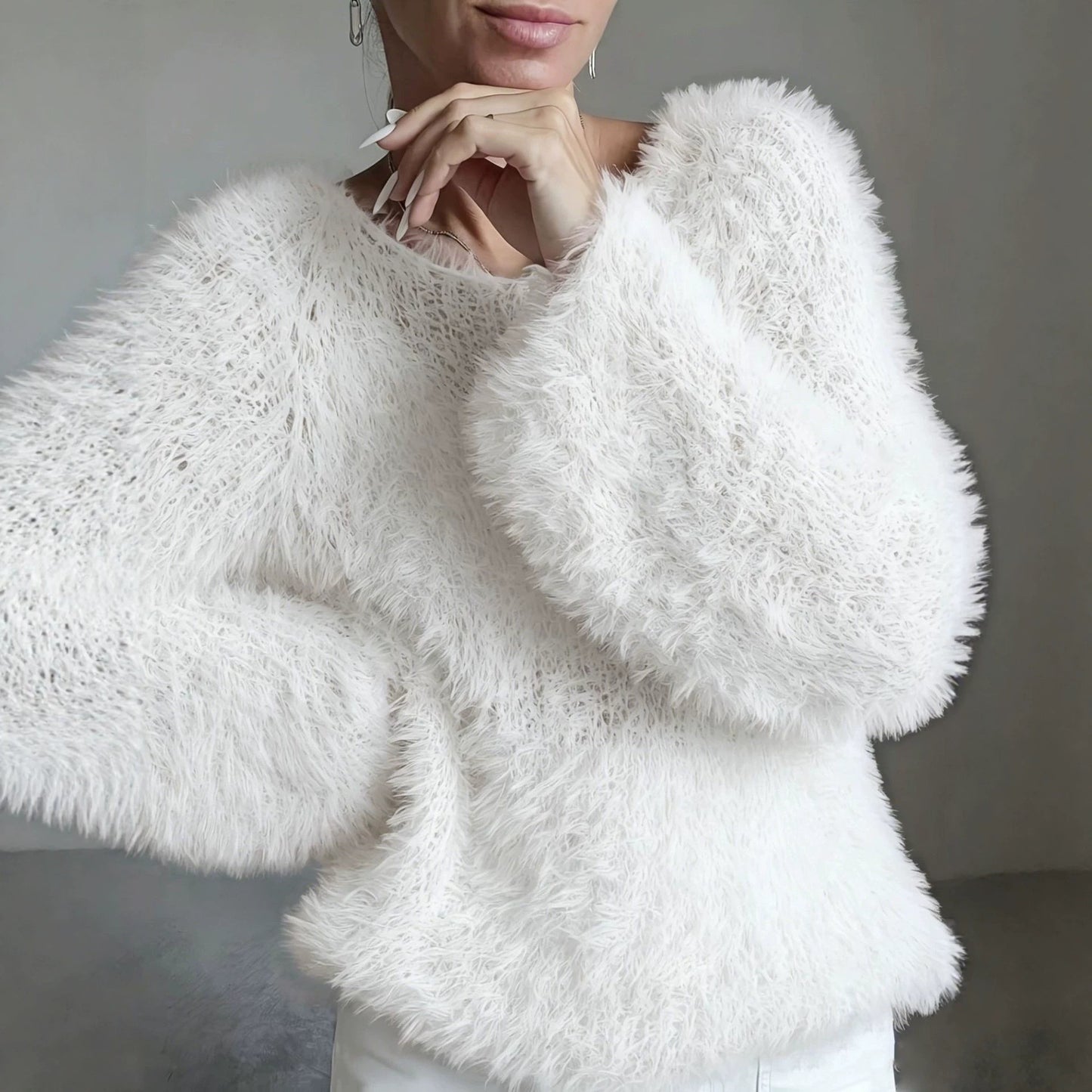 Women's Neck Fluffy Design Solid Long Sleeve Tops