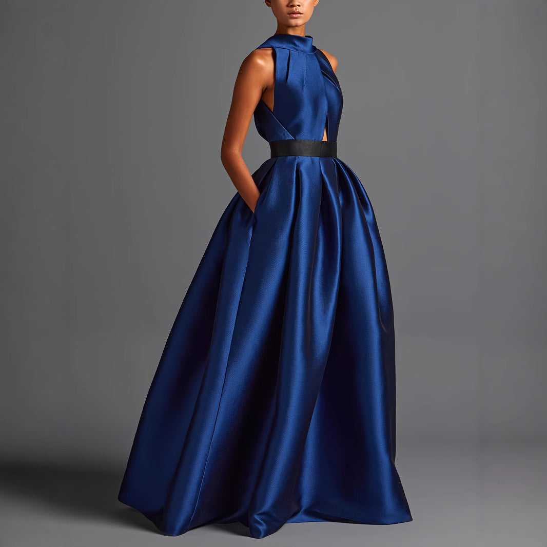Fashion Back Pleated Pocket Strap Satin Dress