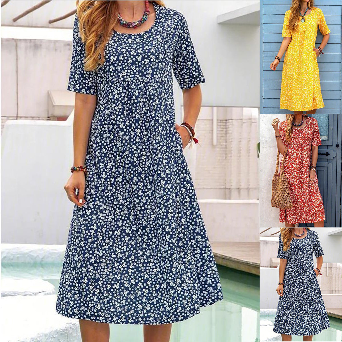 Floral Round Neck Pocket Sleeve Casual Mid-length Dress