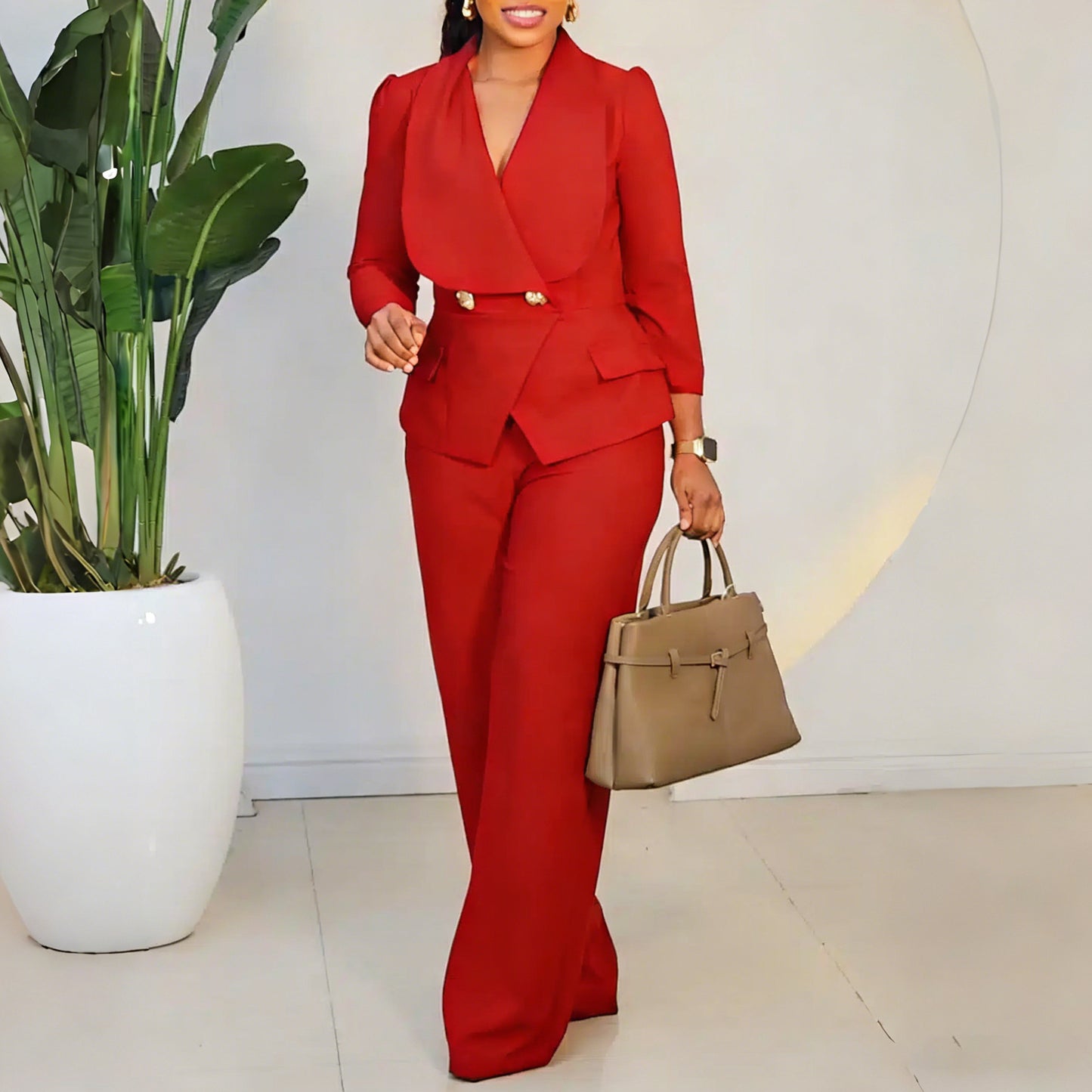 Women's Spring Sexy Collar Long Sleeve Slim Wide Fashion Casual Suit