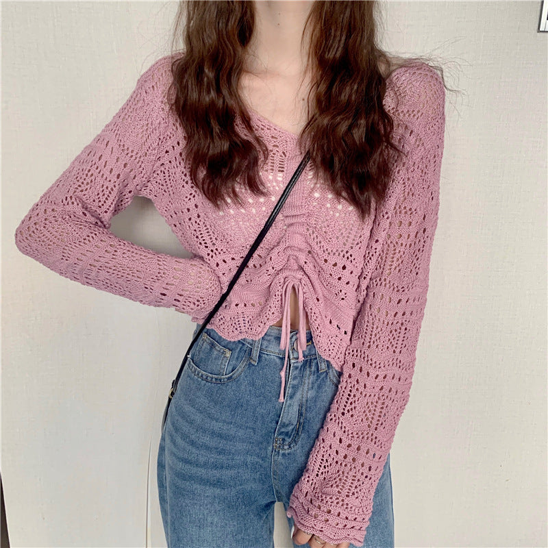 Women's Summer Hollow Korean Drawstring Temperamental Fashion Women's Sweater