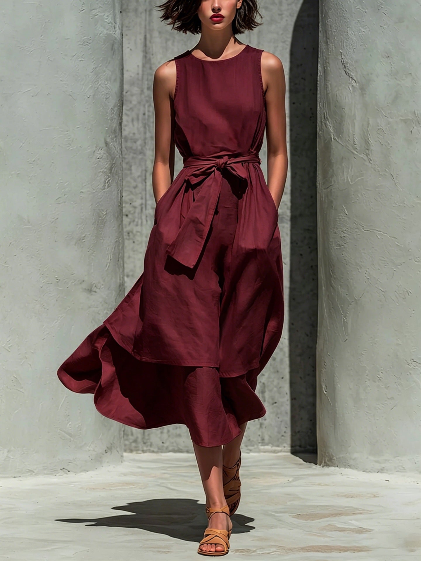 Sleeveless Round Neck Tied Waist Irregular Swing Dress