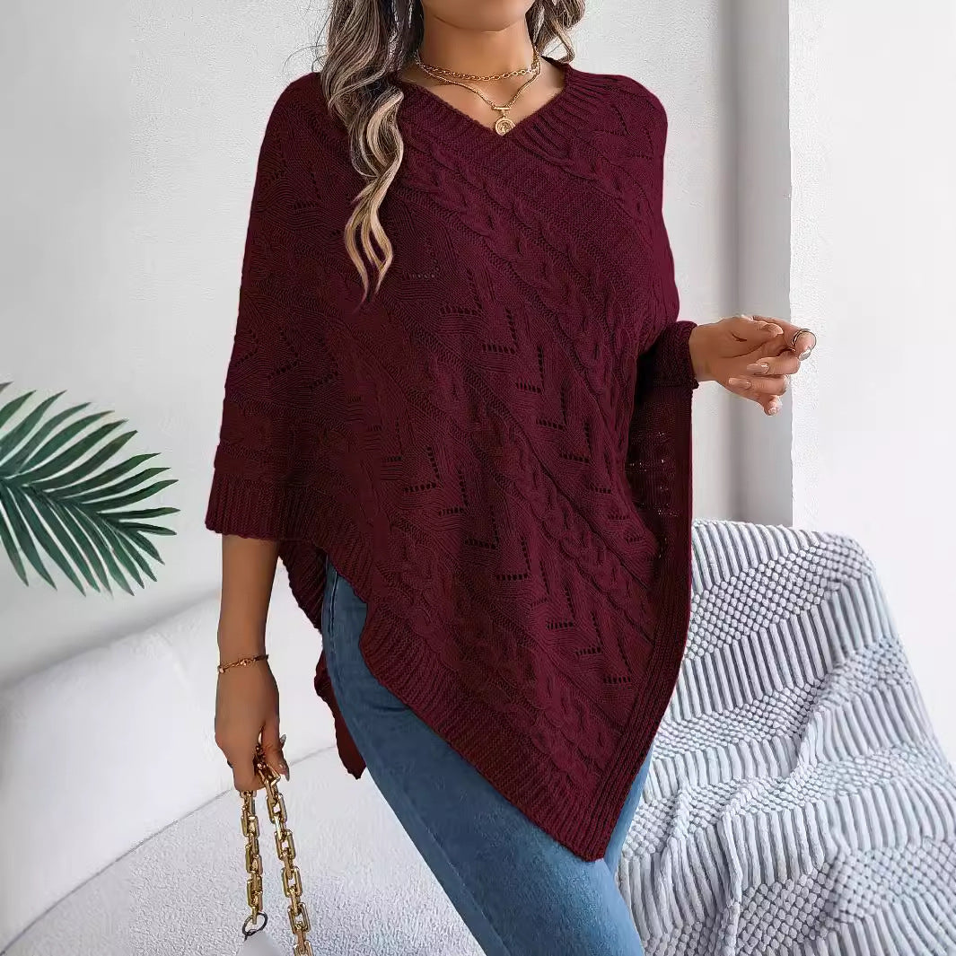 Women's Casual Solid Color Cable Loose-fitting Cloak Sweater