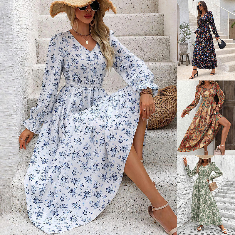 Women's Autumn Printed Fashionable Long Sleeve Big Dress
