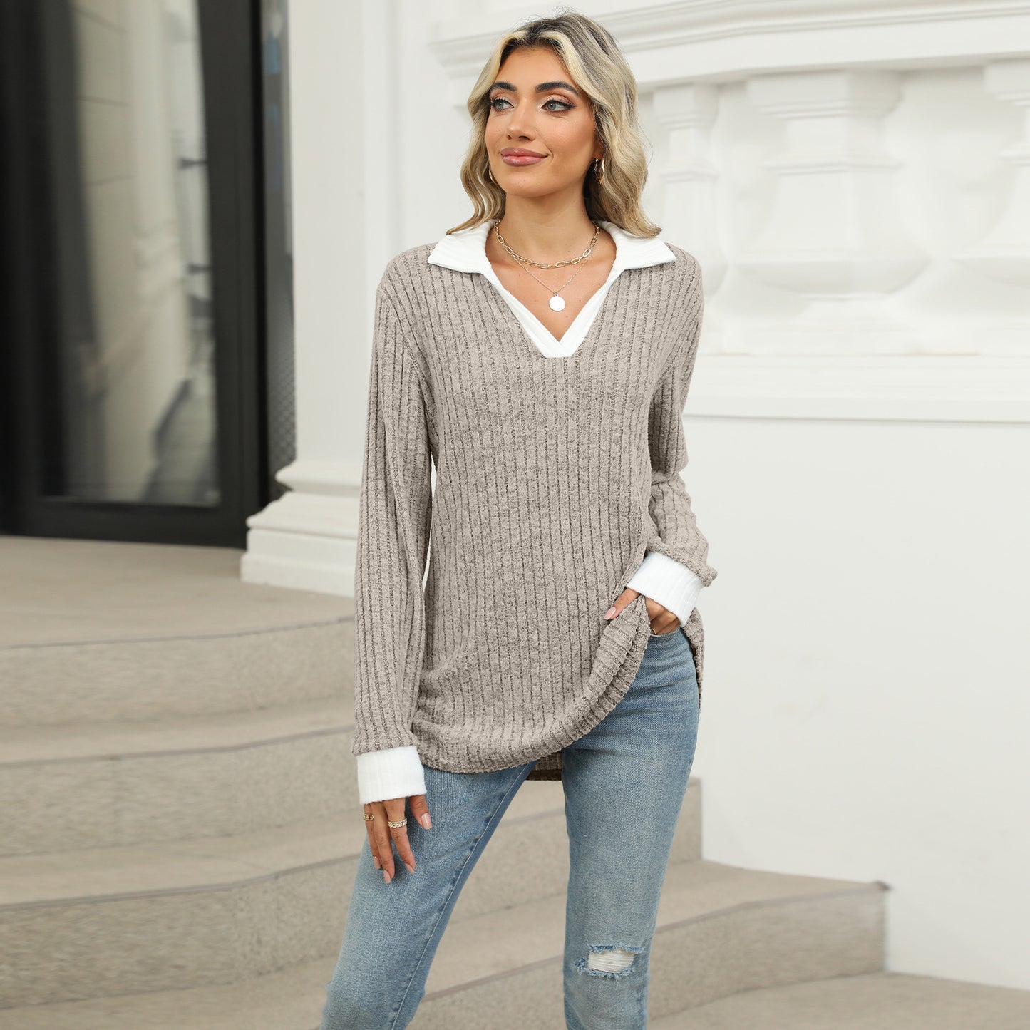 Women's Contrast Color Lapels Long Sleeve Loose-fitting Blouses