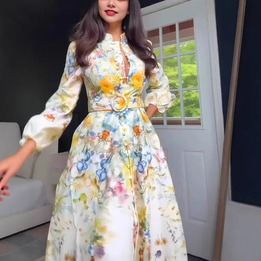 Women's Floral Dress Lantern Sleeve Slimming Retro Oil Painting Dresses