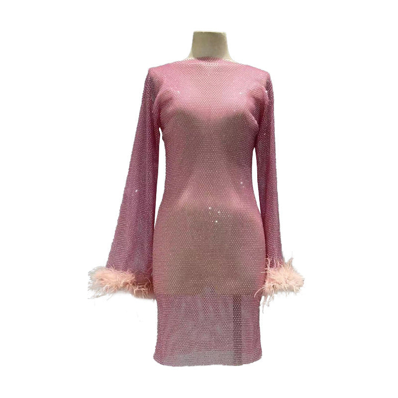Fashion Luxury Hollow Mesh Ostrich Feather Slimming Bottoming Dress