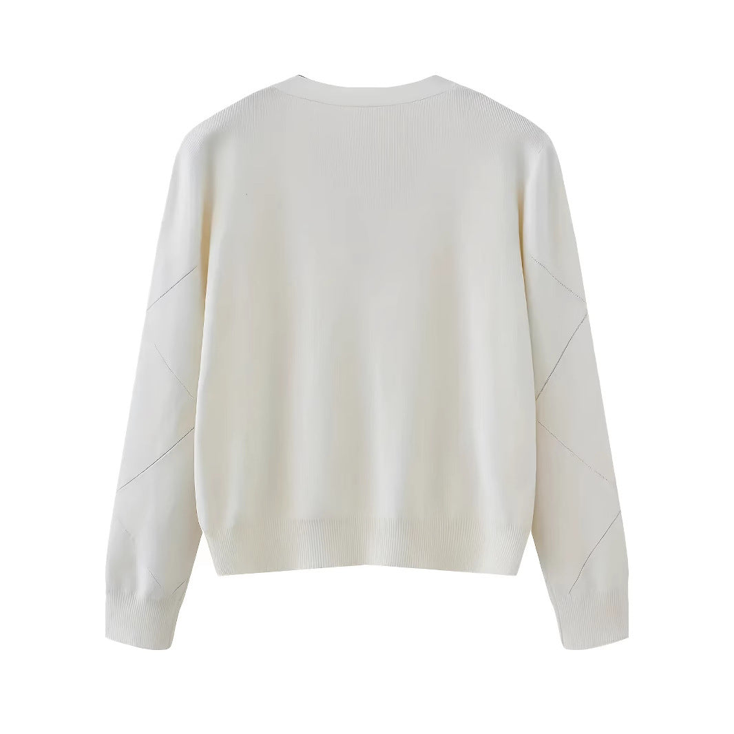 Women's White Rhombus Stripe Knitted Long Sleeve Women's Sweater