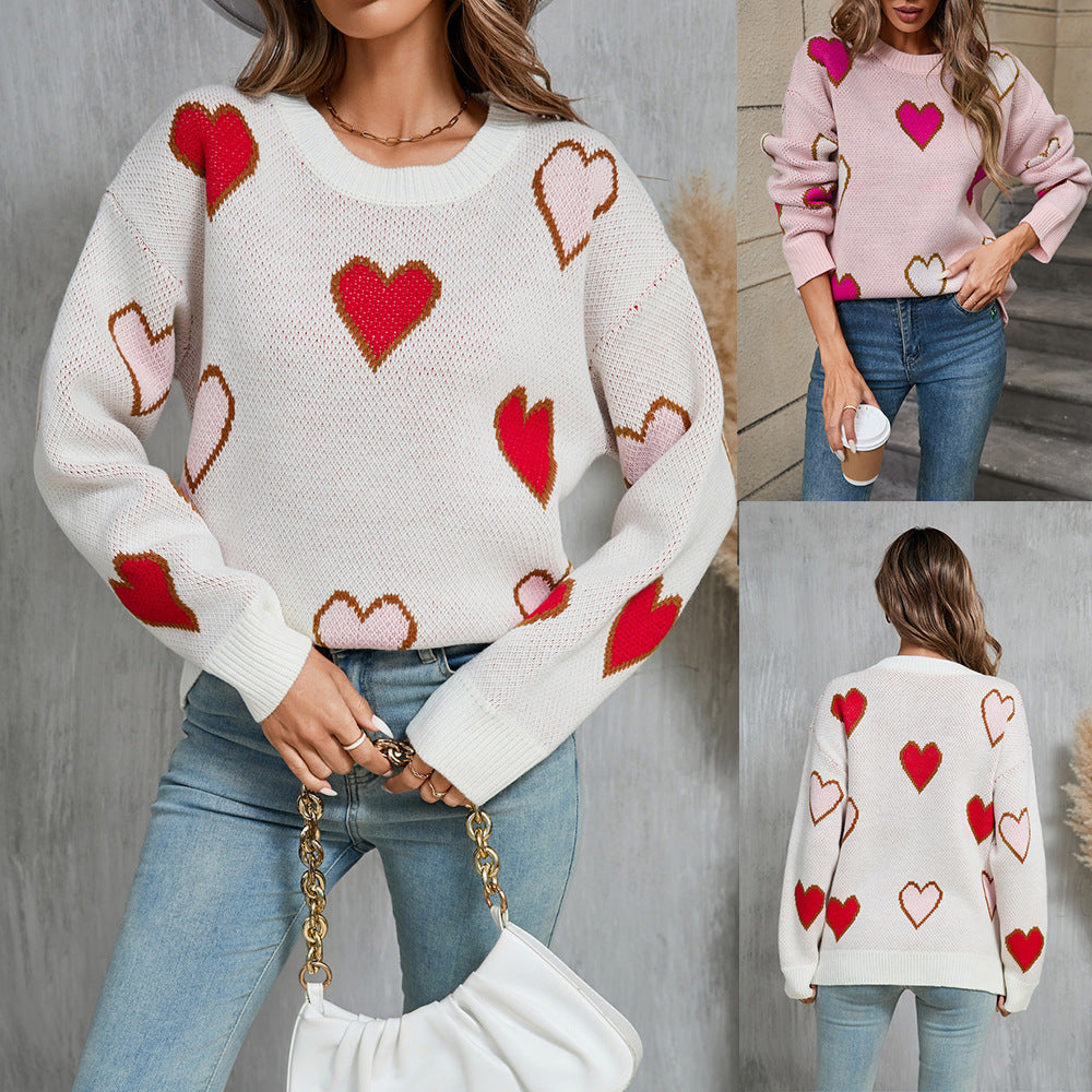 Women's Winter Contrast Color Love Heart Peach Sweaters