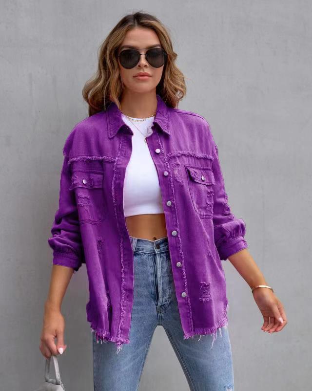 Women's Raw Hem Ripped Denim Long-sleeved Casual Jackets