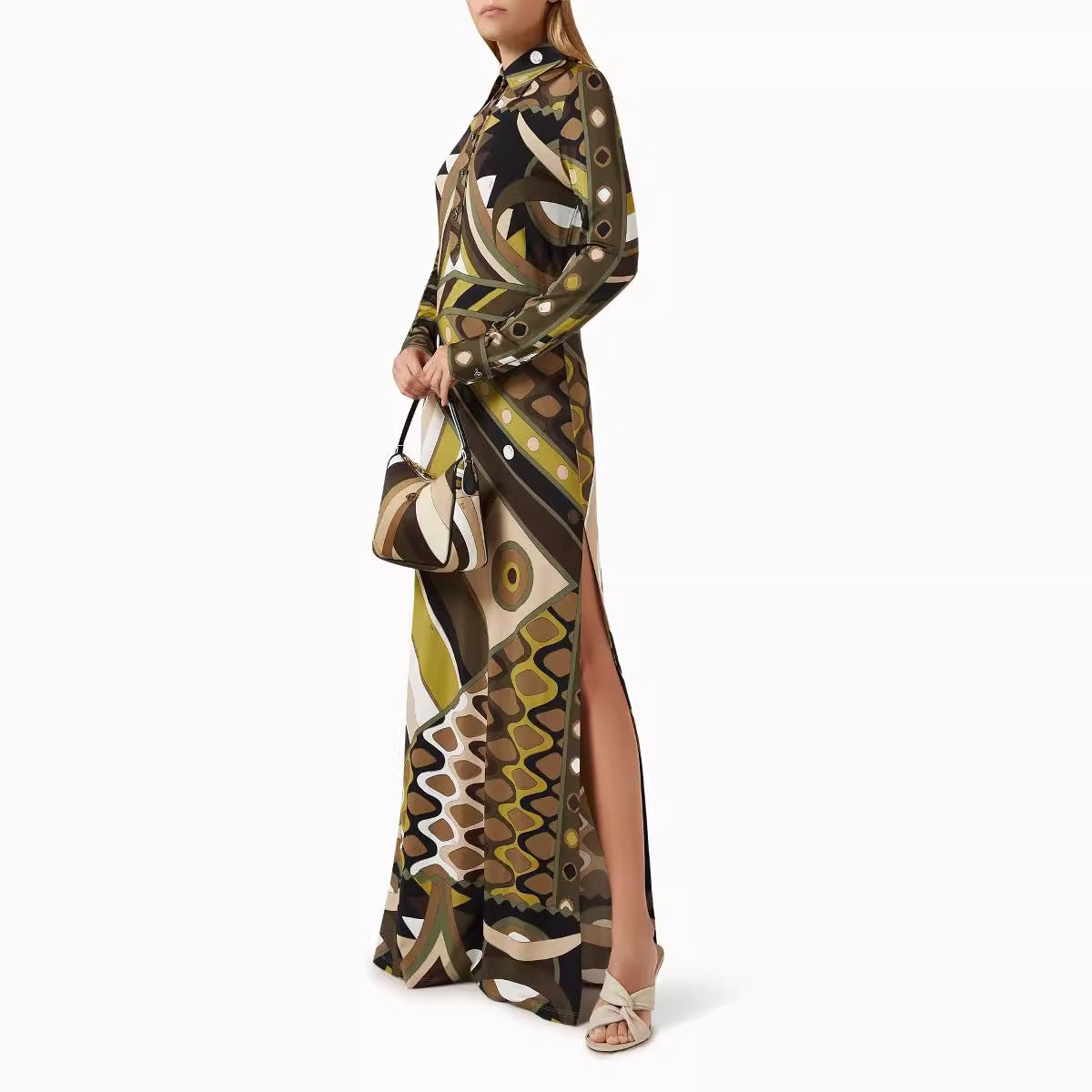 Women's Printed Positioning Lapel Long Sleeve Split Dresses