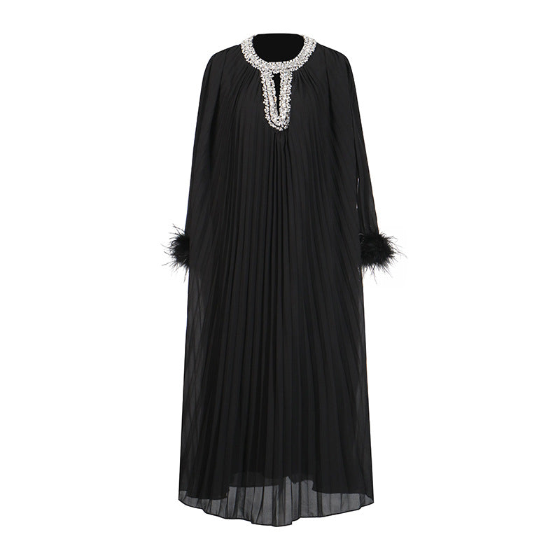 Women's Dress Round Neck Rhinestone Ostrich Fur Sleeve Stitching Pleated Dresses