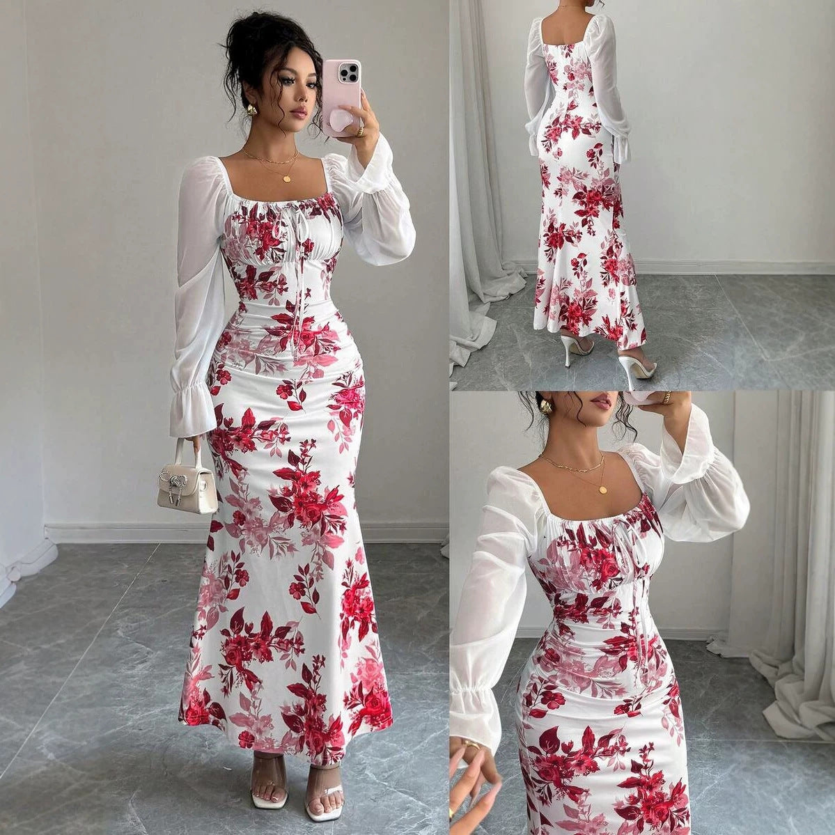 Women's Elegant Pleated Waist Floral Horn Sleeveless Dress