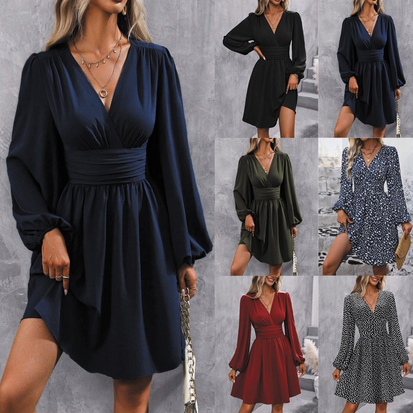 Diagonal Collar Lantern Sleeve Waist Pleated Dress
