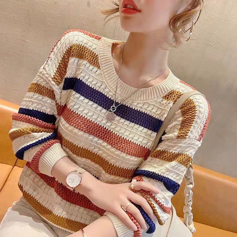 Women's Contrast Color Bat Sleeve Shirt Rainbow Bar Long Hollow Out Sweaters