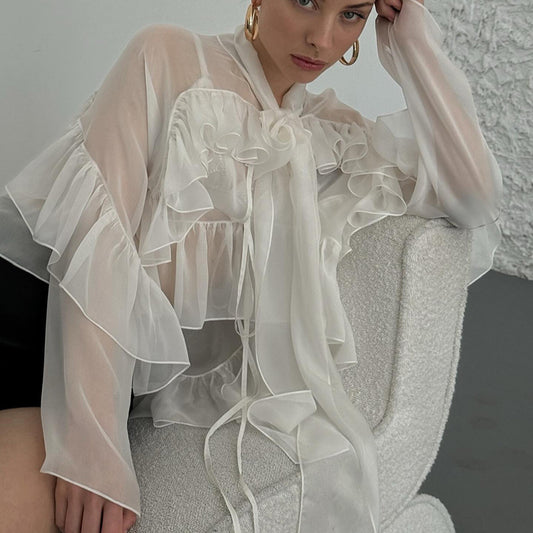 Women's French Ruffled Ribbon Shirt Fashion Wear Tops