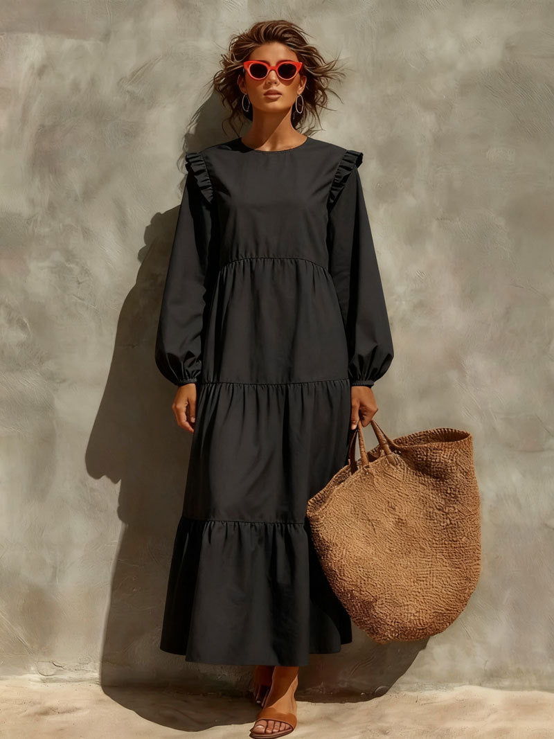 Neck Casual Loose Long Sleeve Solid Dress