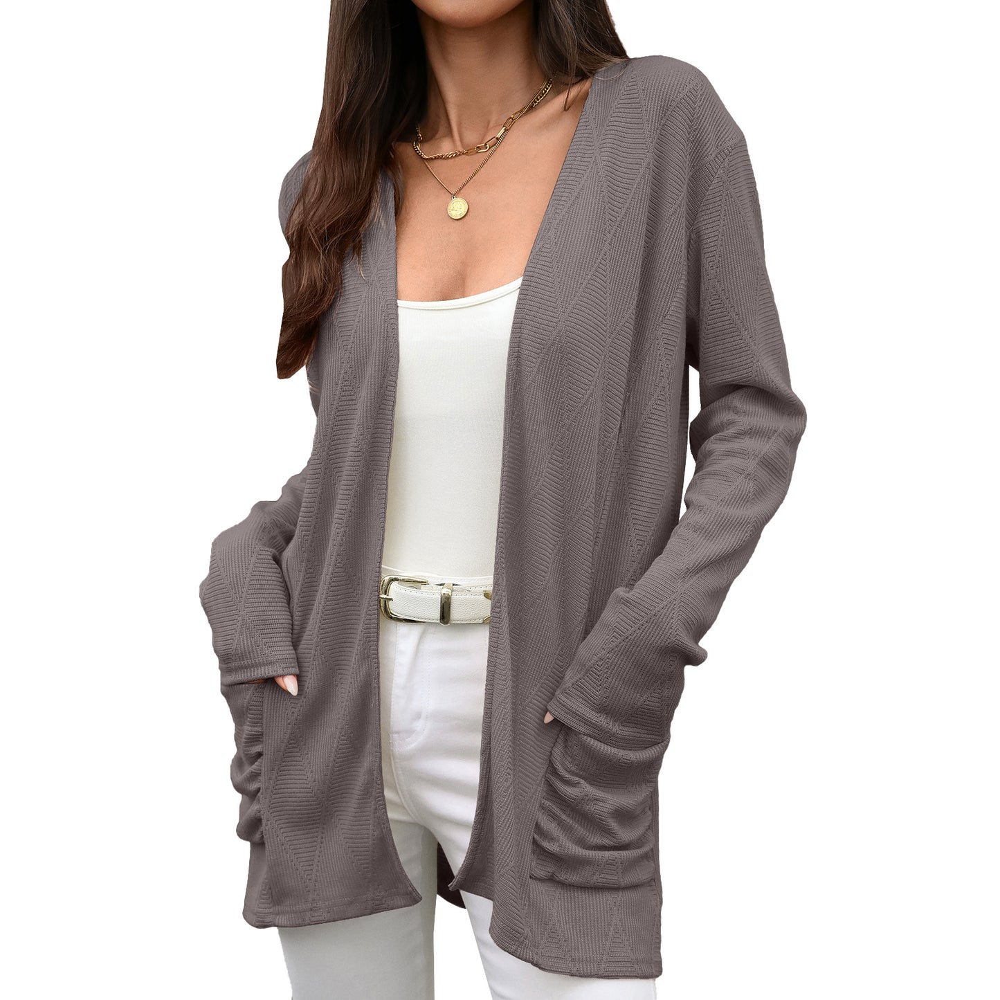 Women's Knitted Solid Color Mid-length Long Sleeve Cardigans