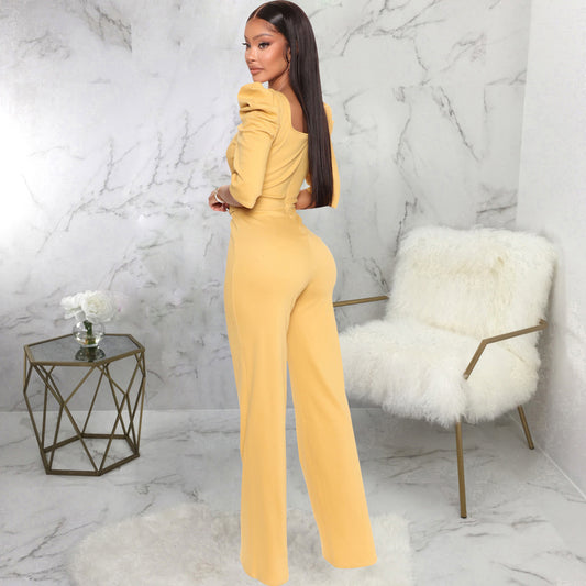 Women's Fashion Solid Color Three-quarter Length Sleeve Sexy Waist Jumpsuits